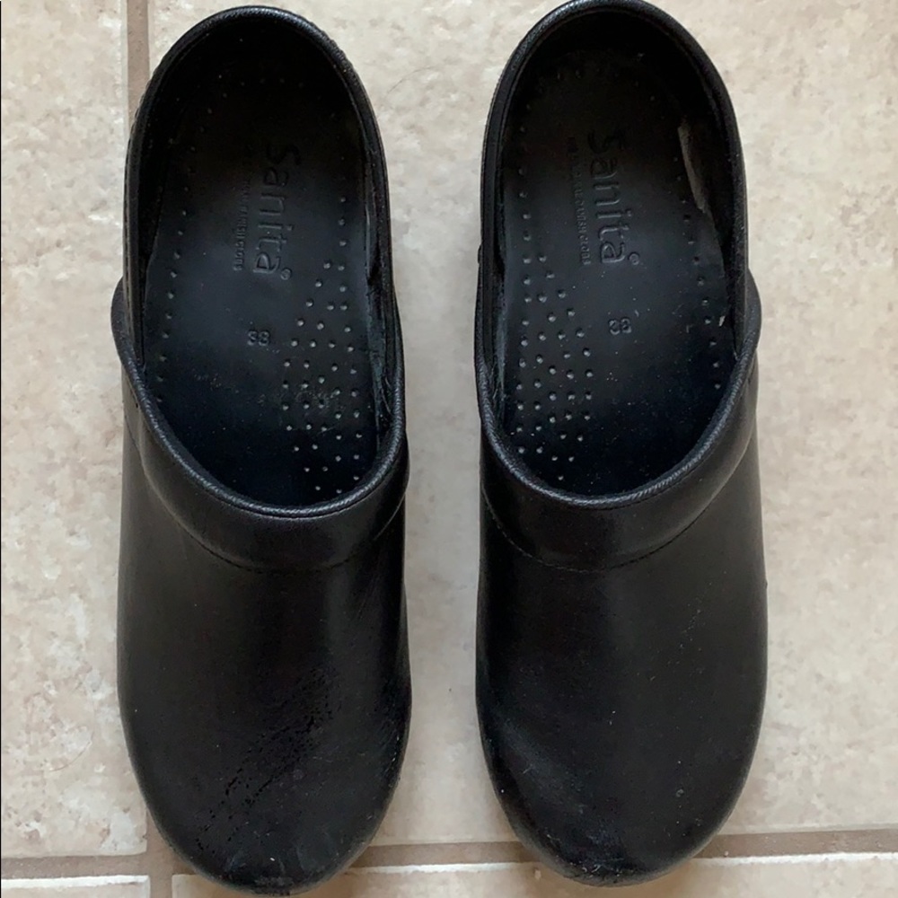 Sanita Black Leather Clogs